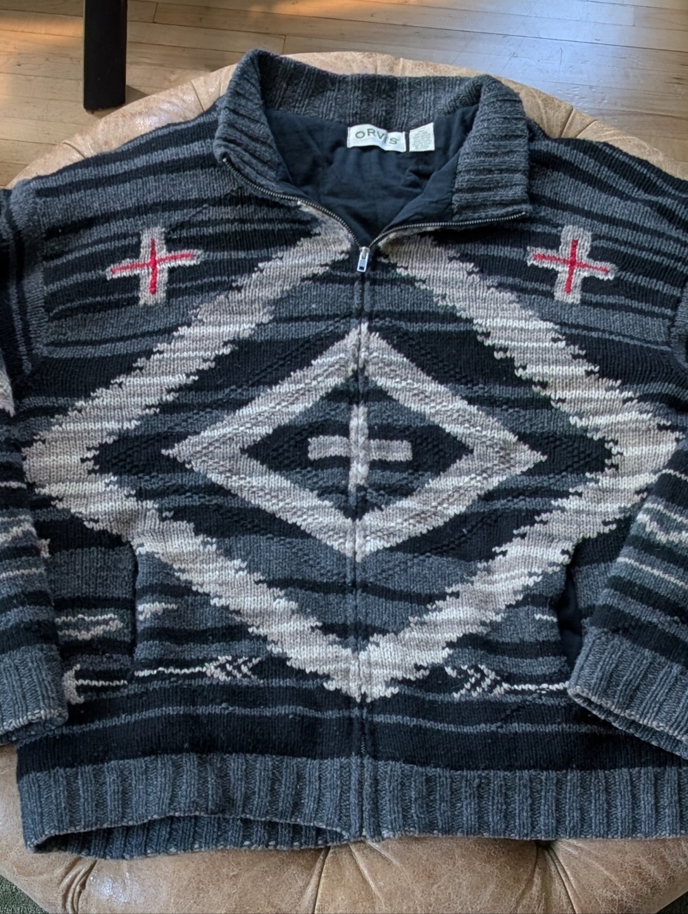Orvis Chunky Wool Knit Full Zip Aztec Native American Cardigan Sweater Size XXL